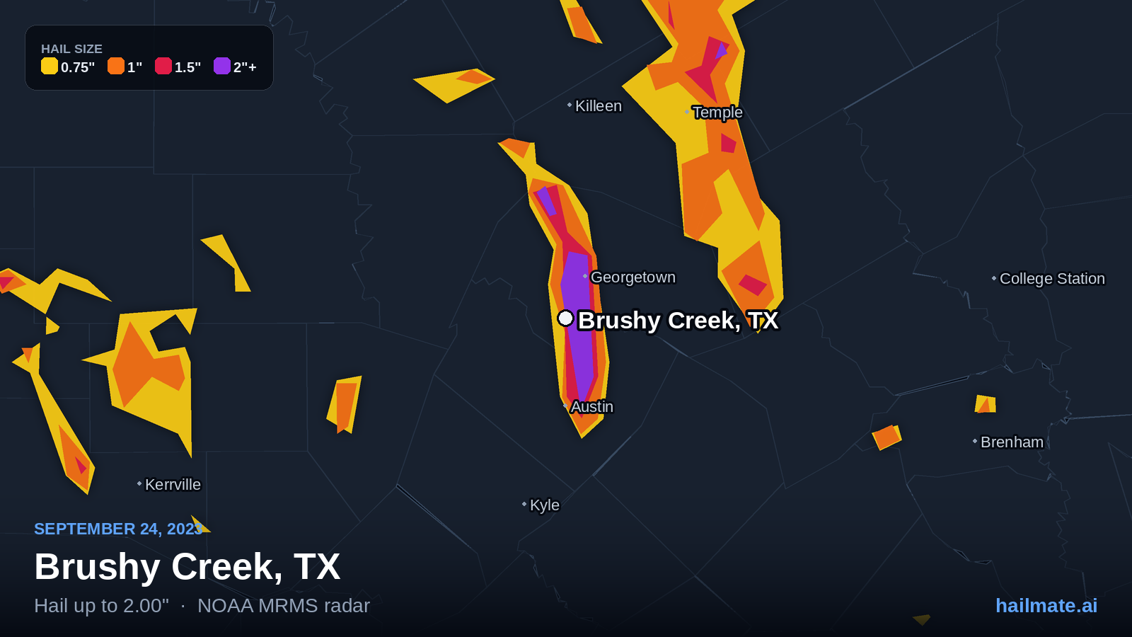 Hail swath map for Brushy Creek, TX on September 24, 2023 showing 2.00 inch hail.