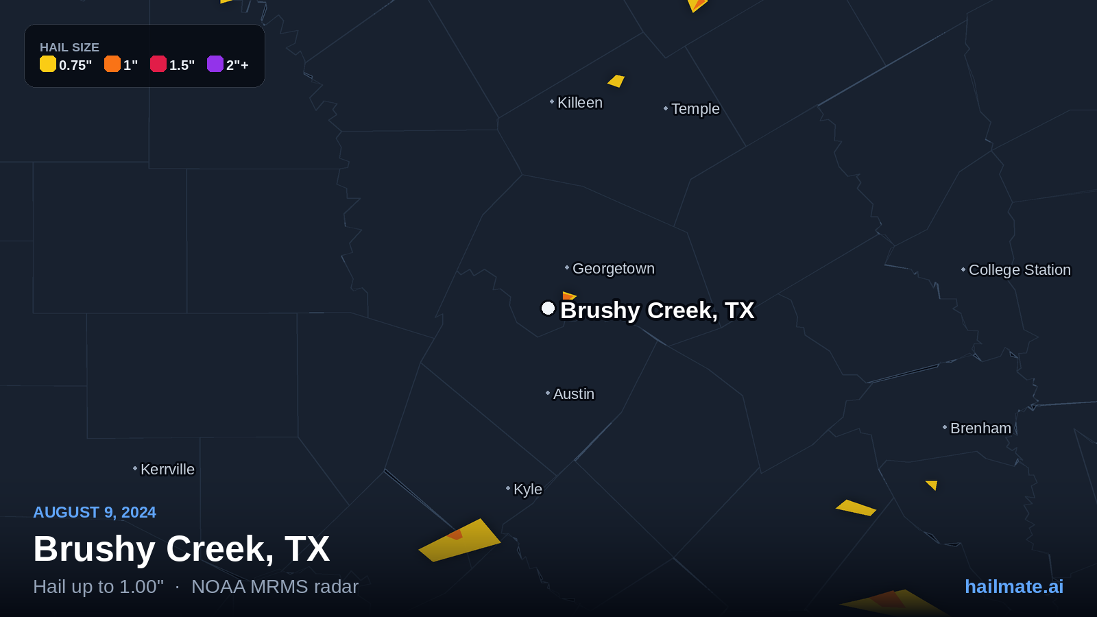 Hail swath map for Brushy Creek, TX on August 9, 2024 showing 1.00 inch hail.