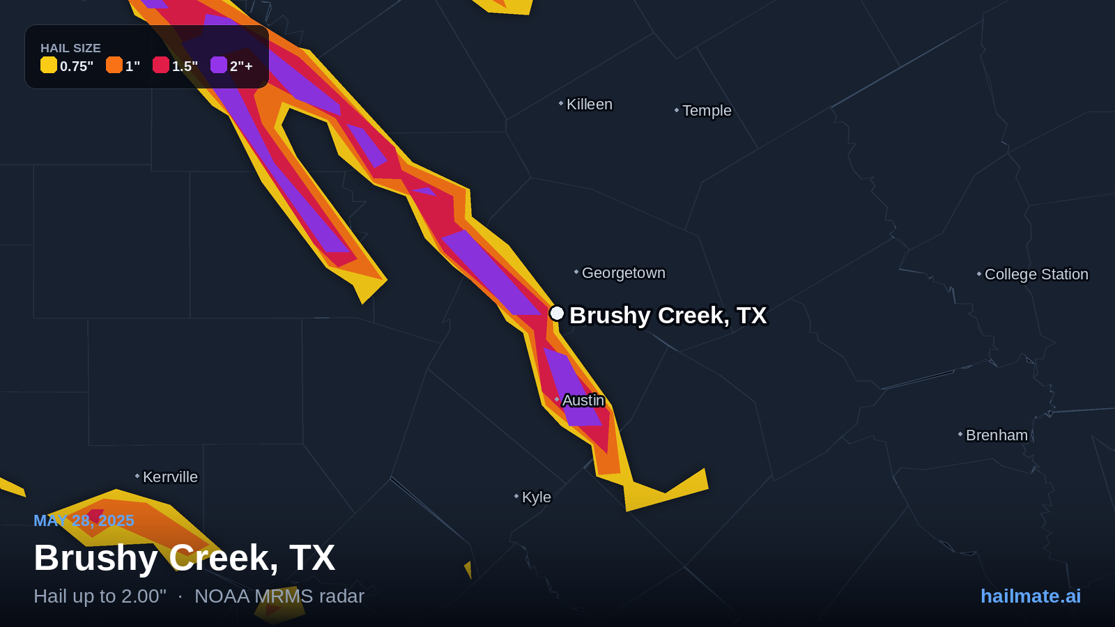 Hail swath map for Brushy Creek, TX on May 28, 2025 showing 2.00 inch hail.