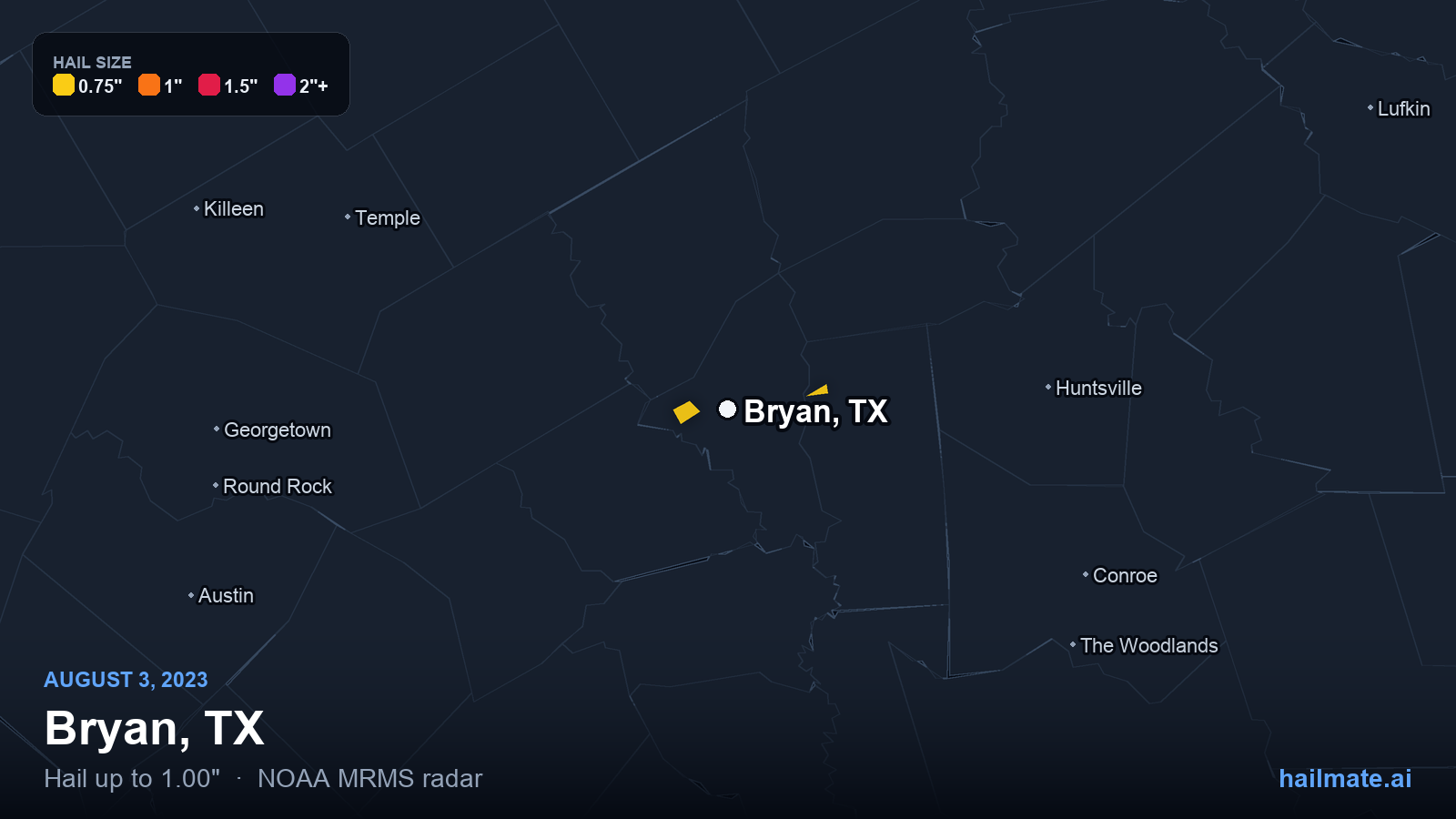 Hail swath map for Bryan, TX on August 3, 2023 showing 1.00 inch hail.