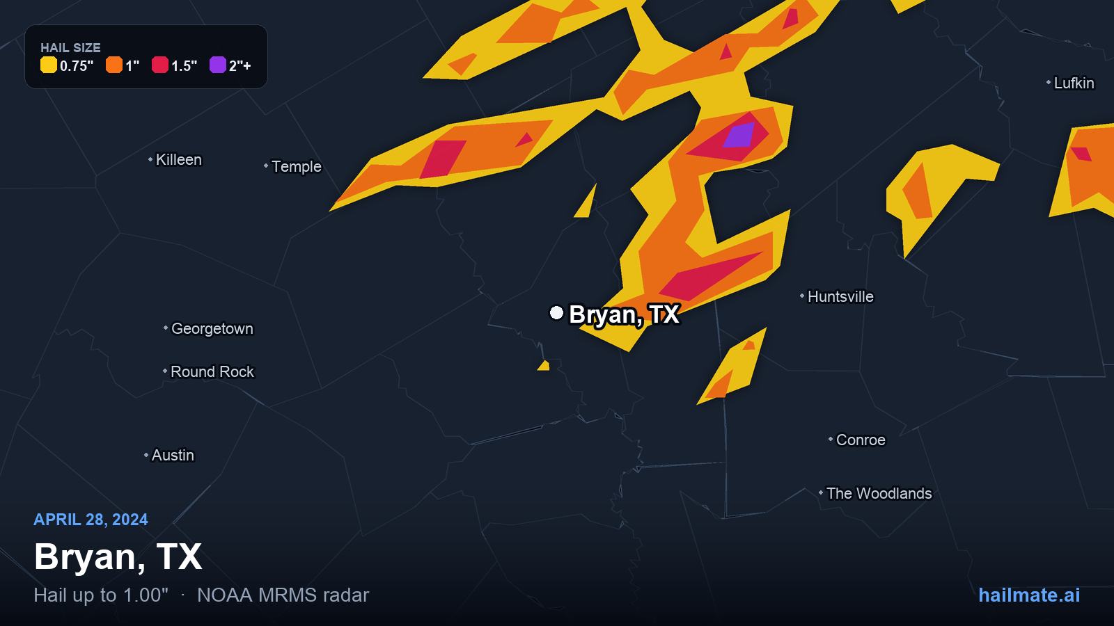 Hail swath map for Bryan, TX on April 28, 2024 showing 1.00 inch hail.