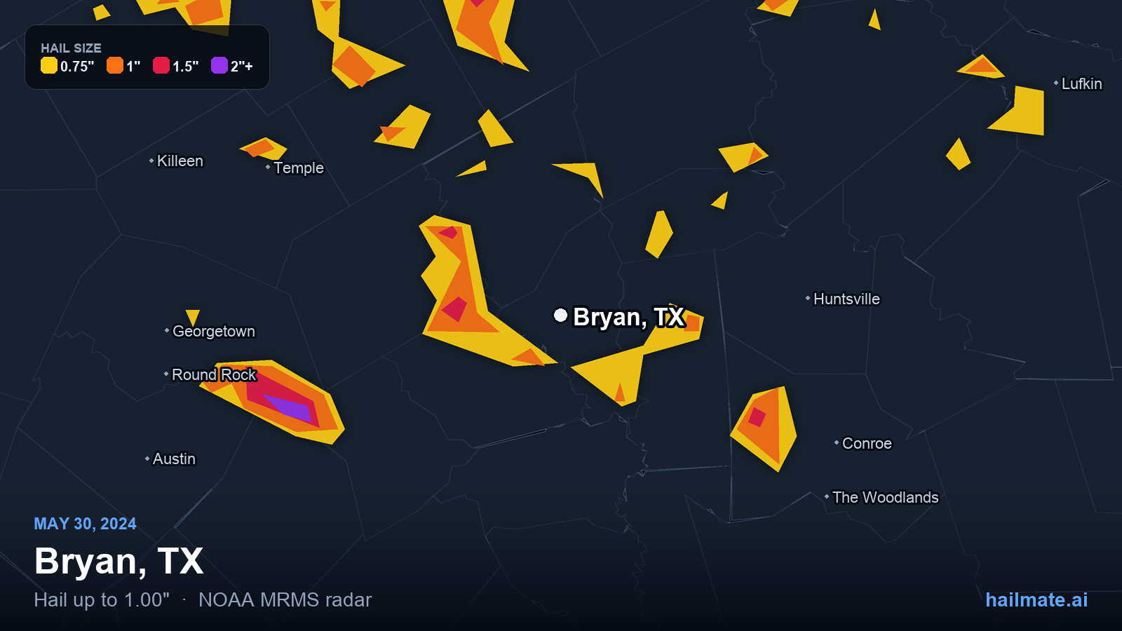 Hail swath map for Bryan, TX on May 30, 2024 showing 1.00 inch hail.