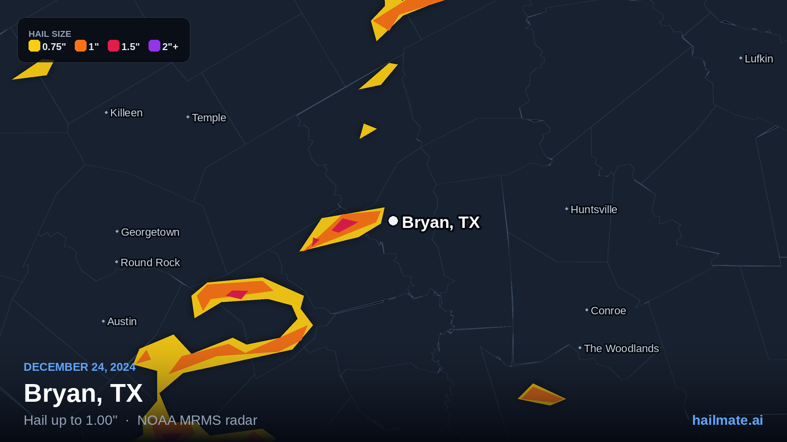 Hail swath map for Bryan, TX on December 24, 2024 showing 1.00 inch hail.