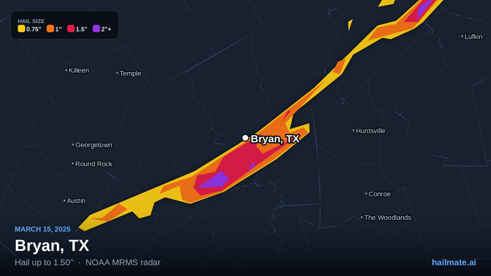 Hail swath map for Bryan, TX on March 15, 2025 showing 1.50 inch hail.