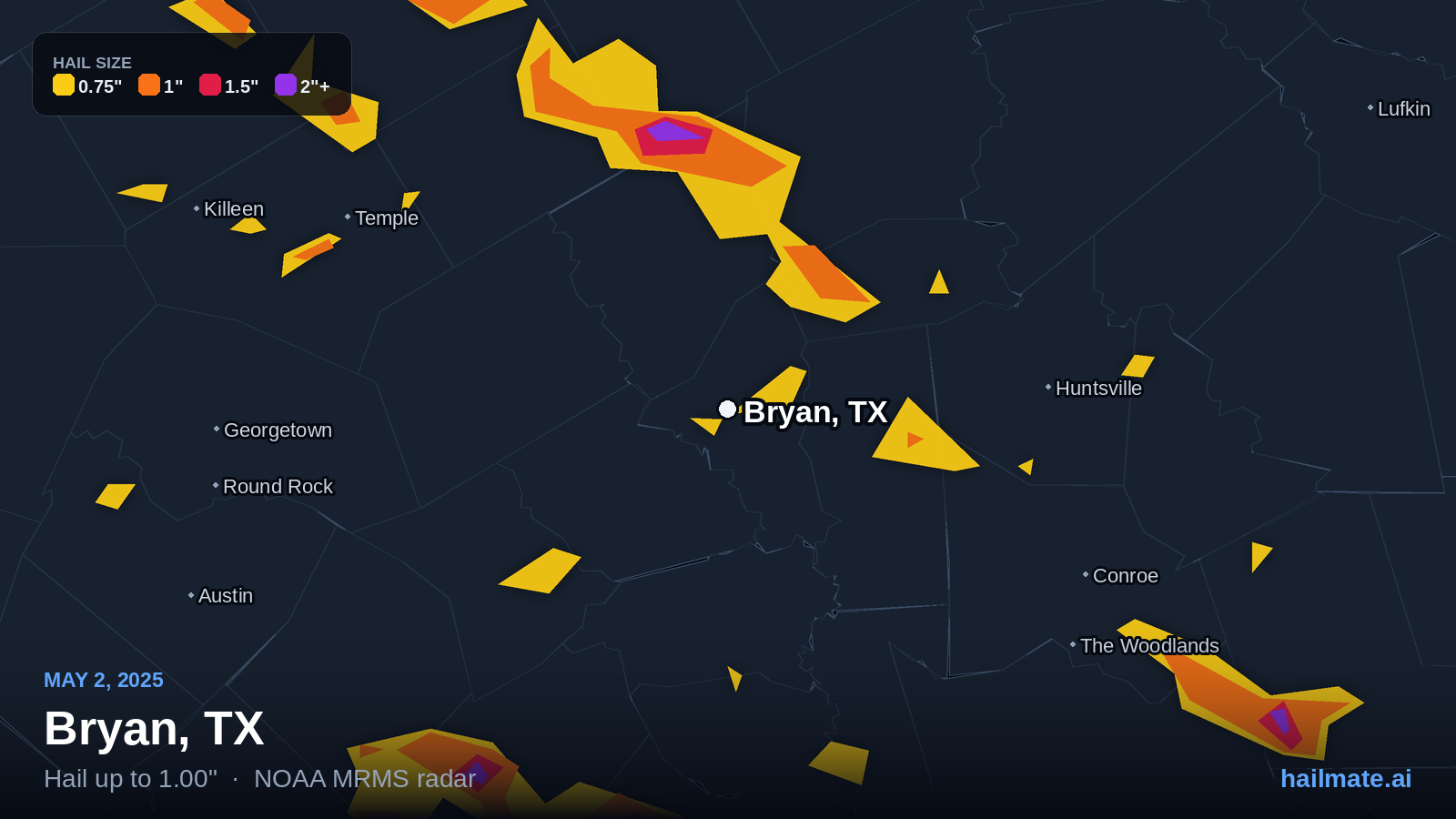 Hail swath map for Bryan, TX on May 2, 2025 showing 1.00 inch hail.