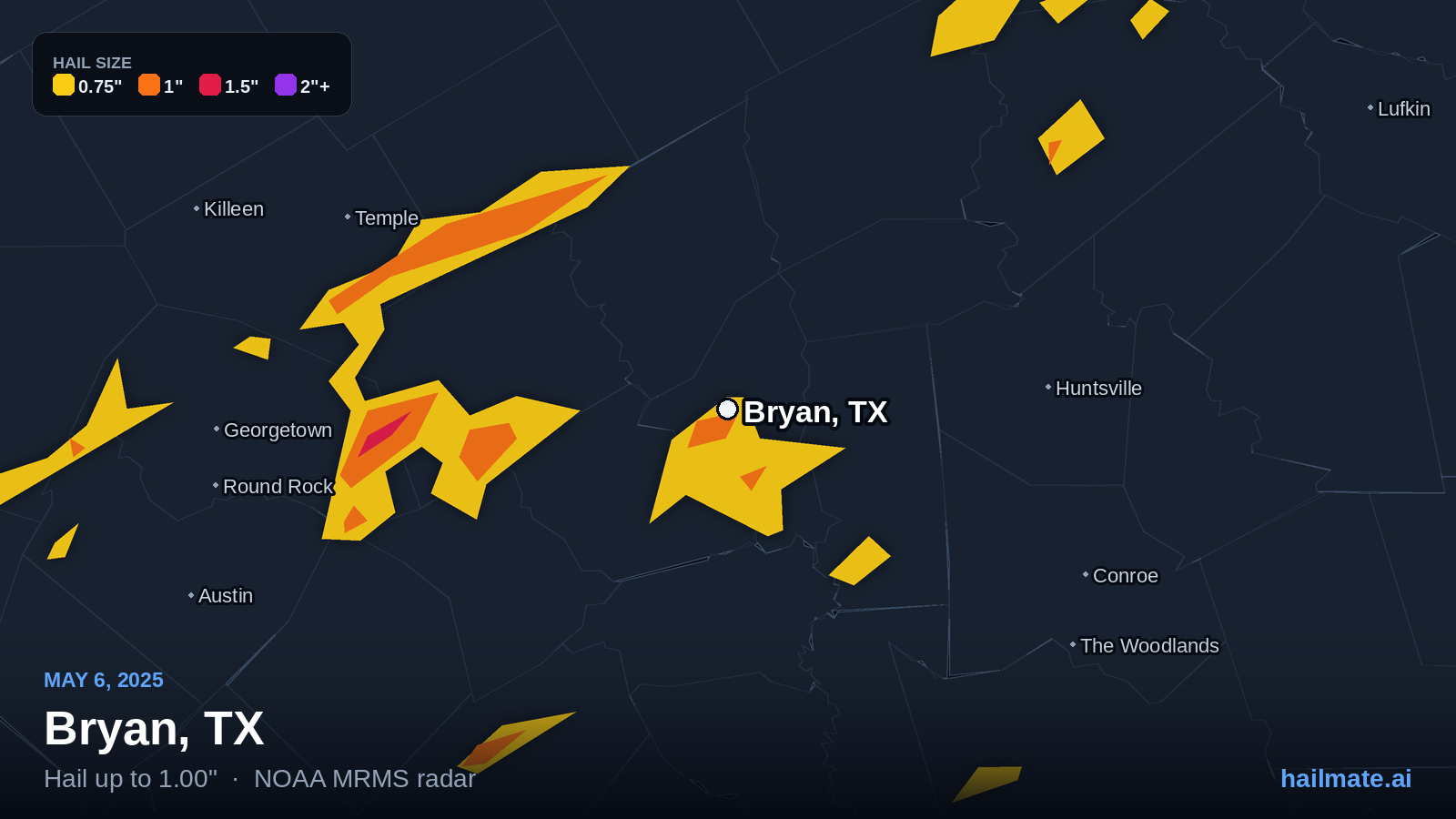 Hail swath map for Bryan, TX on May 6, 2025 showing 1.00 inch hail.