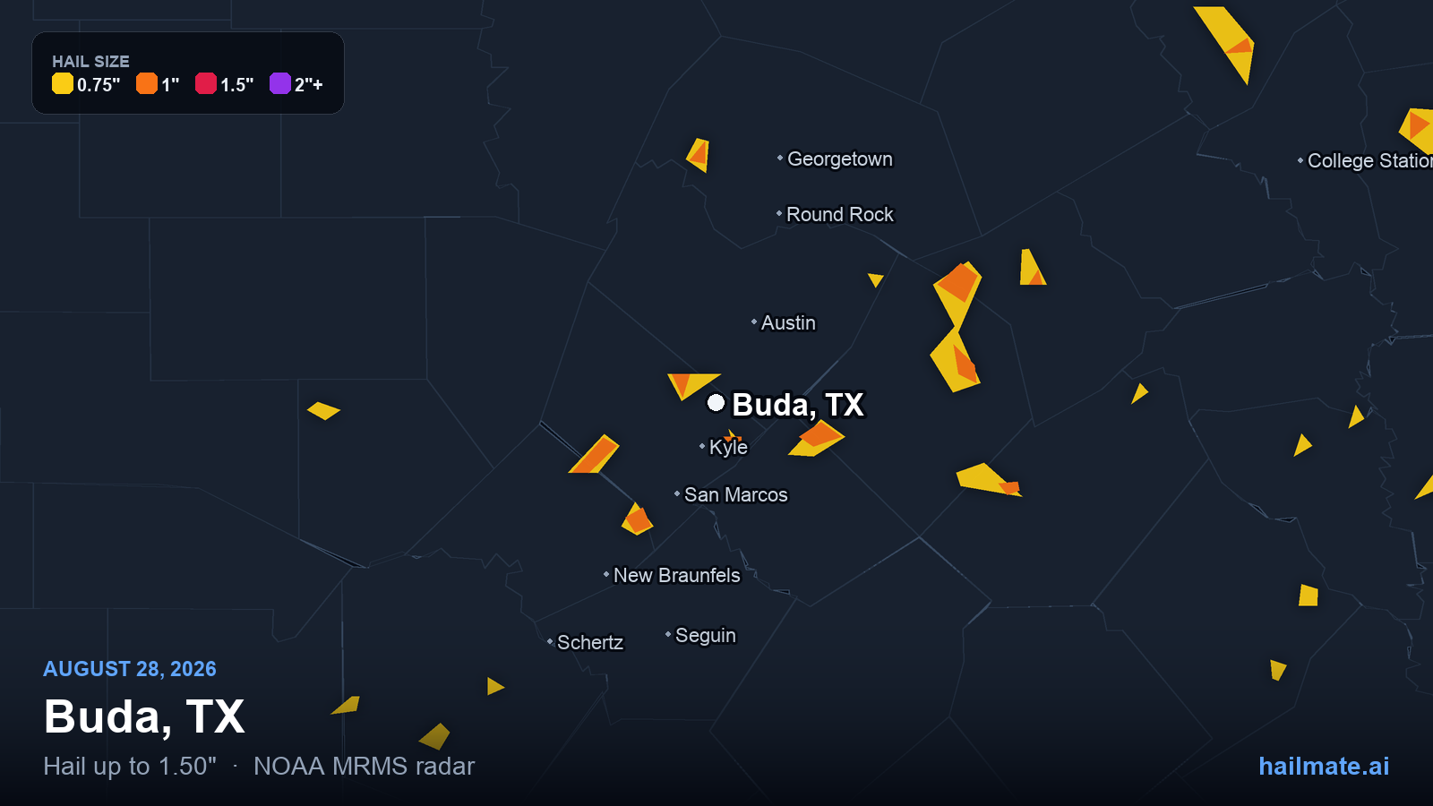 Hail swath map for Buda, TX on August 28, 2026 showing 1.50 inch hail.