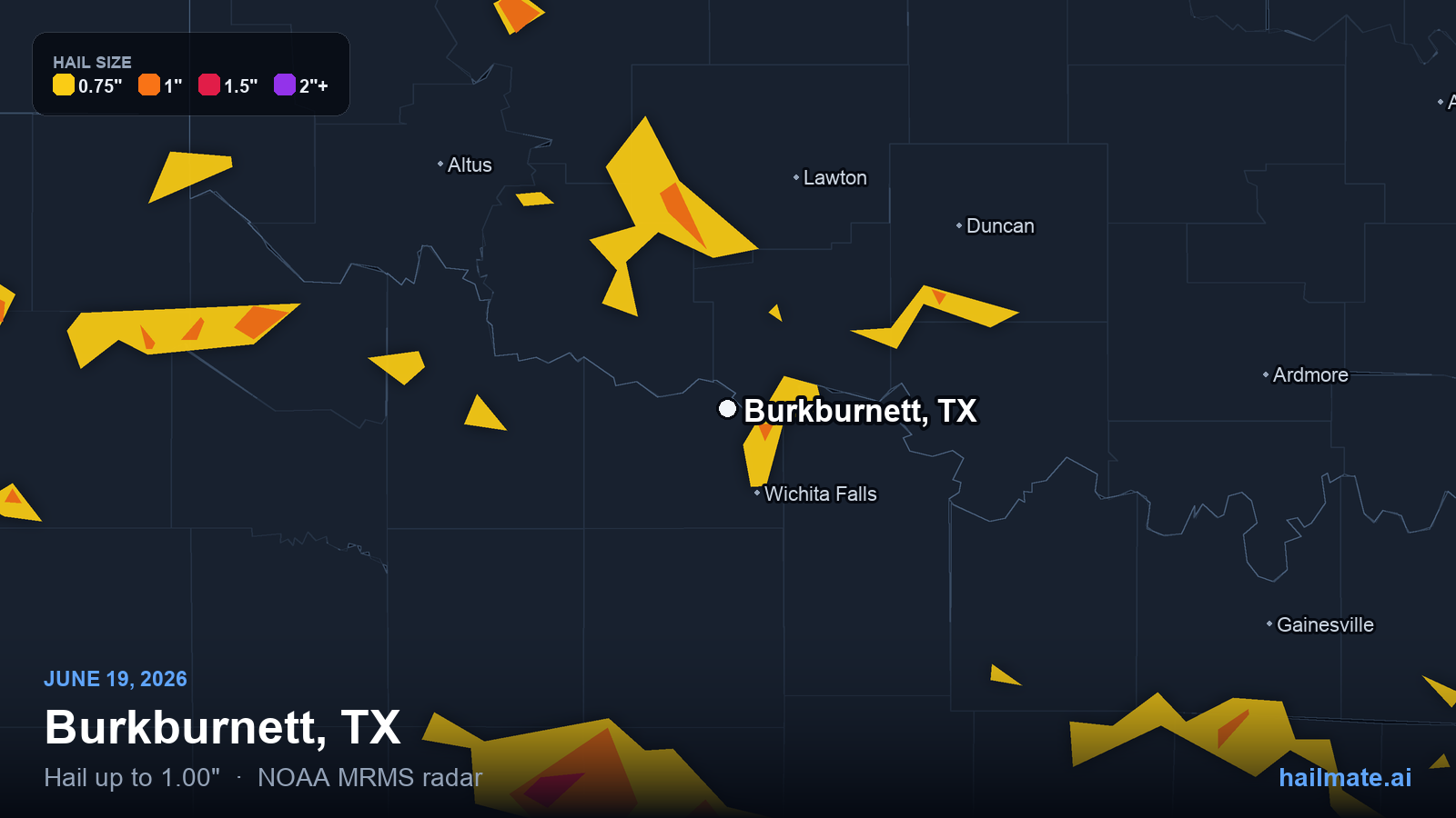Hail swath map for Burkburnett, TX on June 19, 2026 showing 1.00 inch hail.