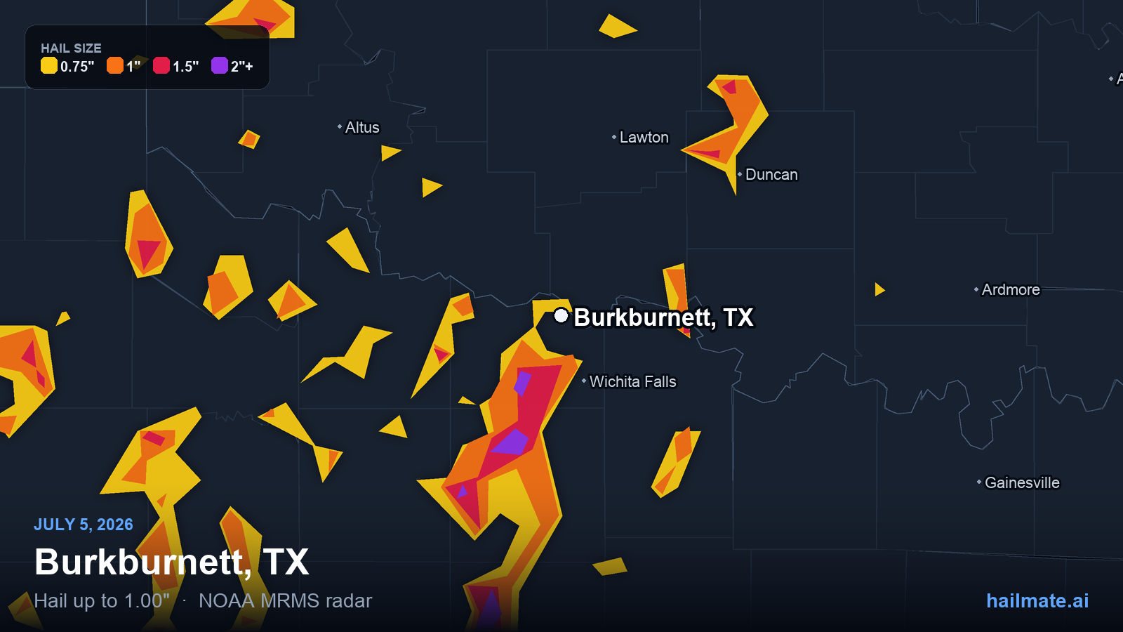 Hail swath map for Burkburnett, TX on July 5, 2026 showing 1.00 inch hail.
