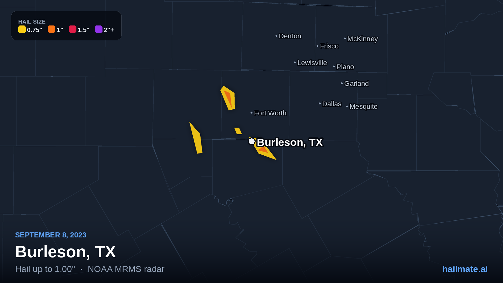 Hail swath map for Burleson, TX on September 8, 2023 showing 1.00 inch hail.
