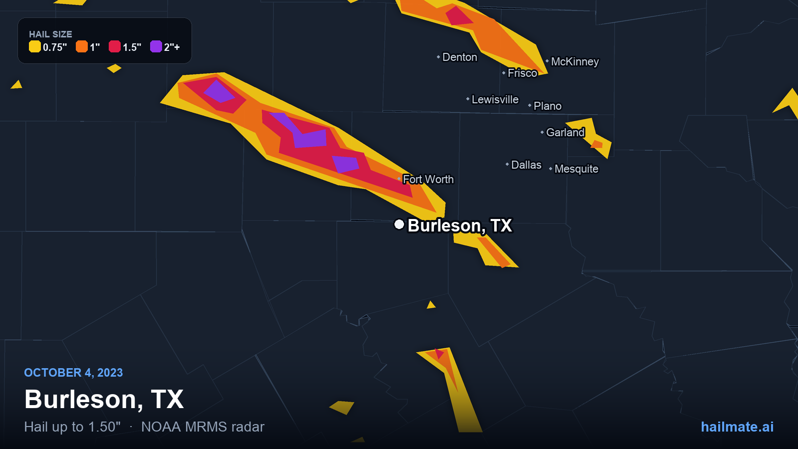 Hail swath map for Burleson, TX on October 4, 2023 showing 1.50 inch hail.