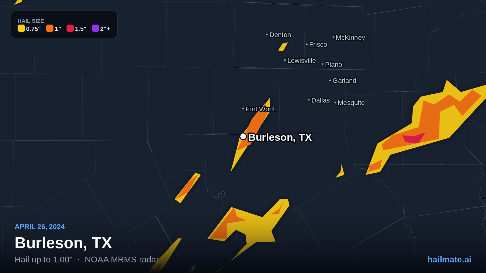 Hail swath map for Burleson, TX on April 26, 2024 showing 1.00 inch hail.