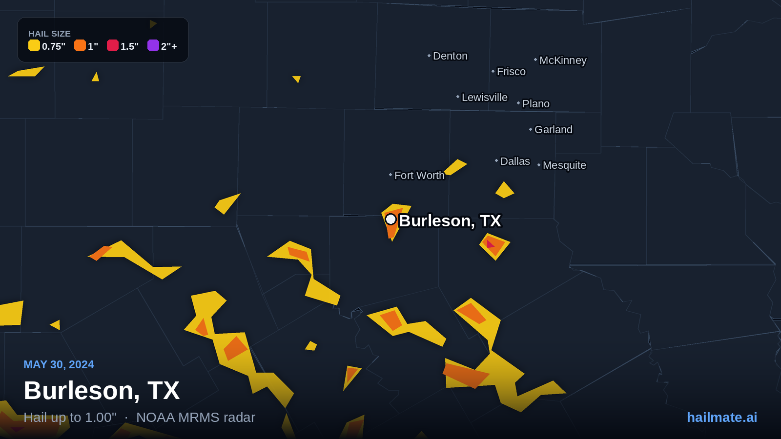 Hail swath map for Burleson, TX on May 30, 2024 showing 1.00 inch hail.