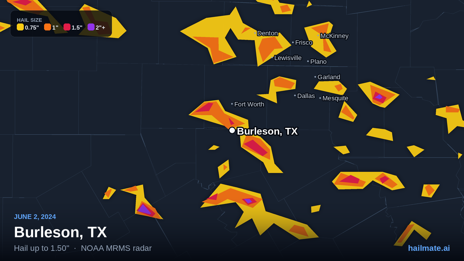 Hail swath map for Burleson, TX on June 2, 2024 showing 1.50 inch hail.
