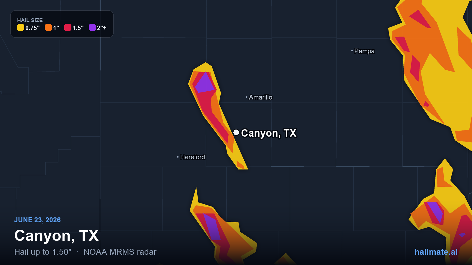 Hail swath map for Canyon, TX on June 23, 2026 showing 1.50 inch hail.