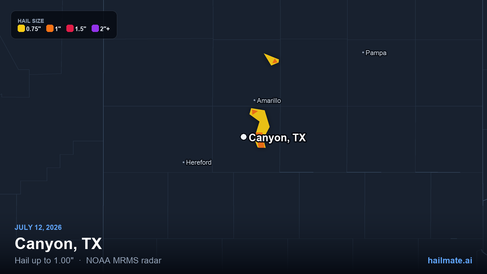Hail swath map for Canyon, TX on July 12, 2026 showing 1.00 inch hail.