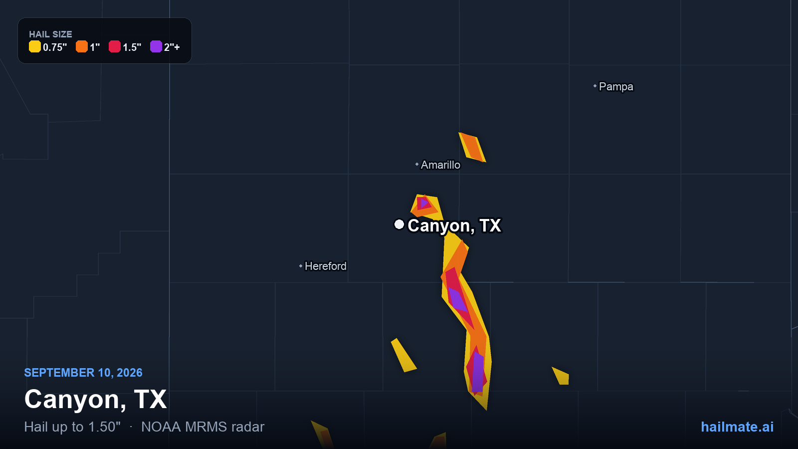 Hail swath map for Canyon, TX on September 10, 2026 showing 1.50 inch hail.