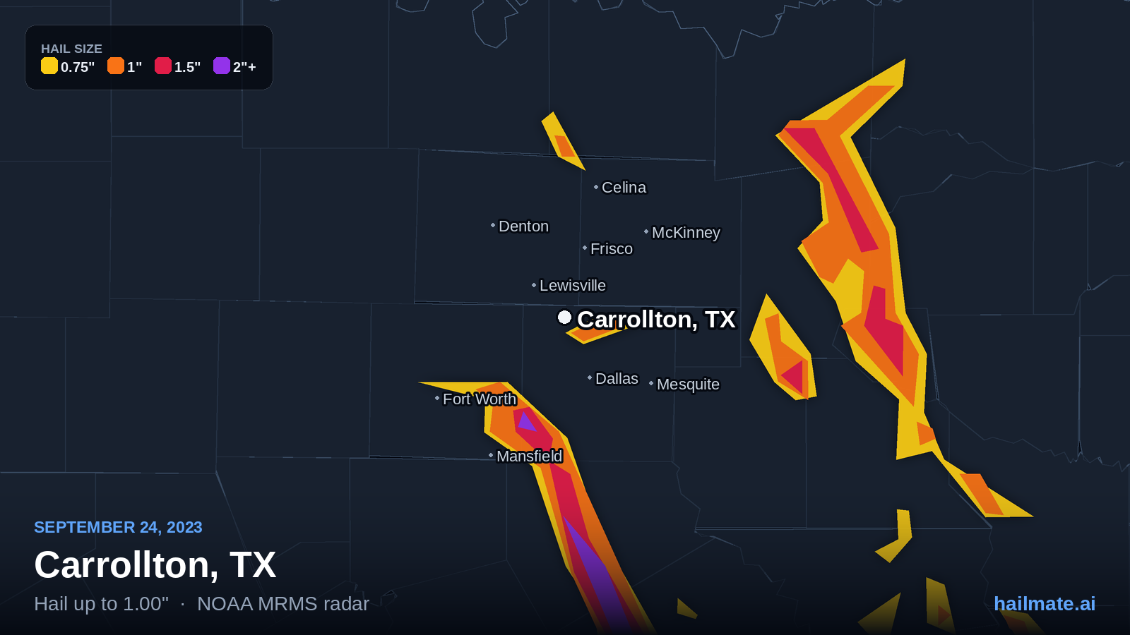 Hail swath map for Carrollton, TX on September 24, 2023 showing 1.00 inch hail.