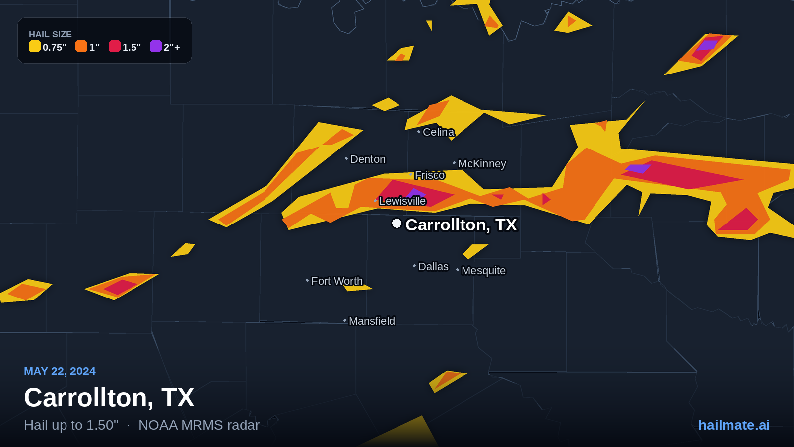Hail swath map for Carrollton, TX on May 22, 2024 showing 1.50 inch hail.