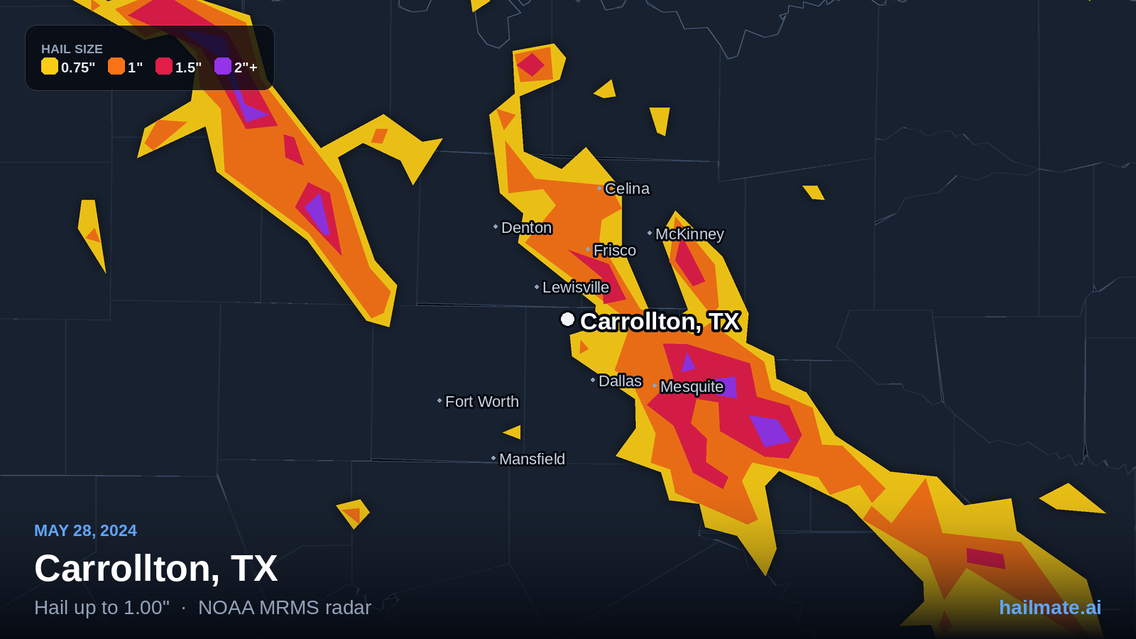 Hail swath map for Carrollton, TX on May 28, 2024 showing 1.00 inch hail.