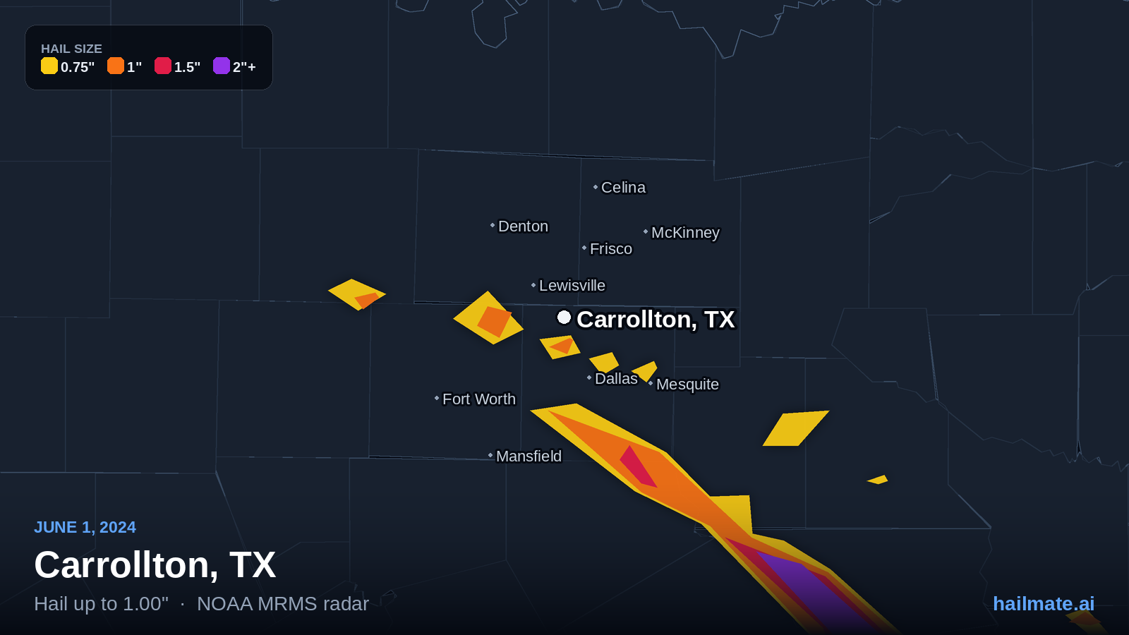 Hail swath map for Carrollton, TX on June 1, 2024 showing 1.00 inch hail.