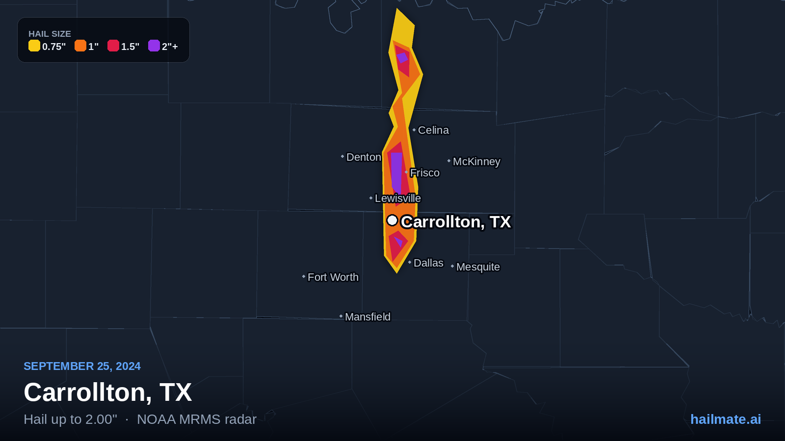 Hail swath map for Carrollton, TX on September 25, 2024 showing 2.00 inch hail.