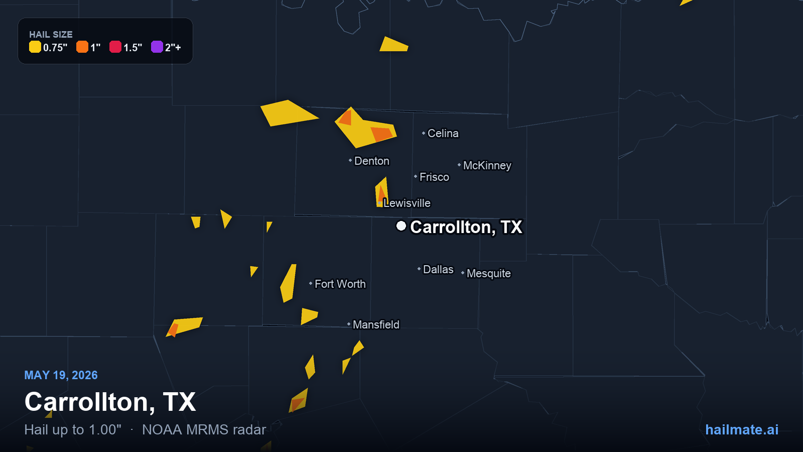 Hail swath map for Carrollton, TX on May 19, 2026 showing 1.00 inch hail.