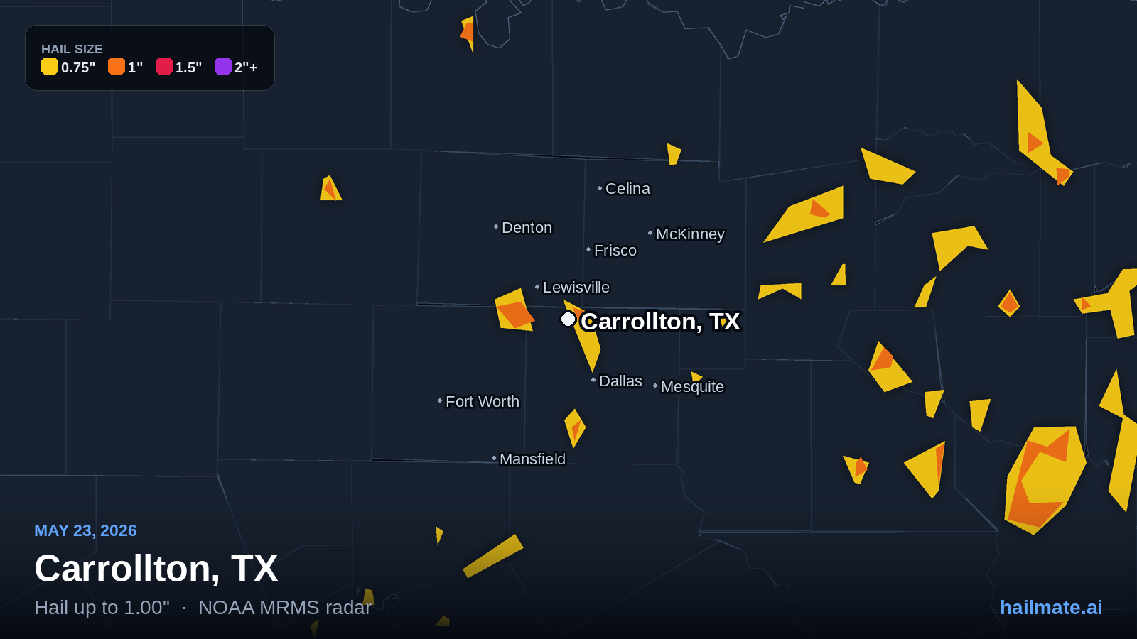 Hail swath map for Carrollton, TX on May 23, 2026 showing 1.00 inch hail.