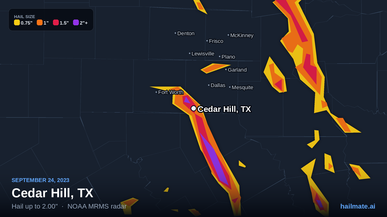 Hail swath map for Cedar Hill, TX on September 24, 2023 showing 2.00 inch hail.