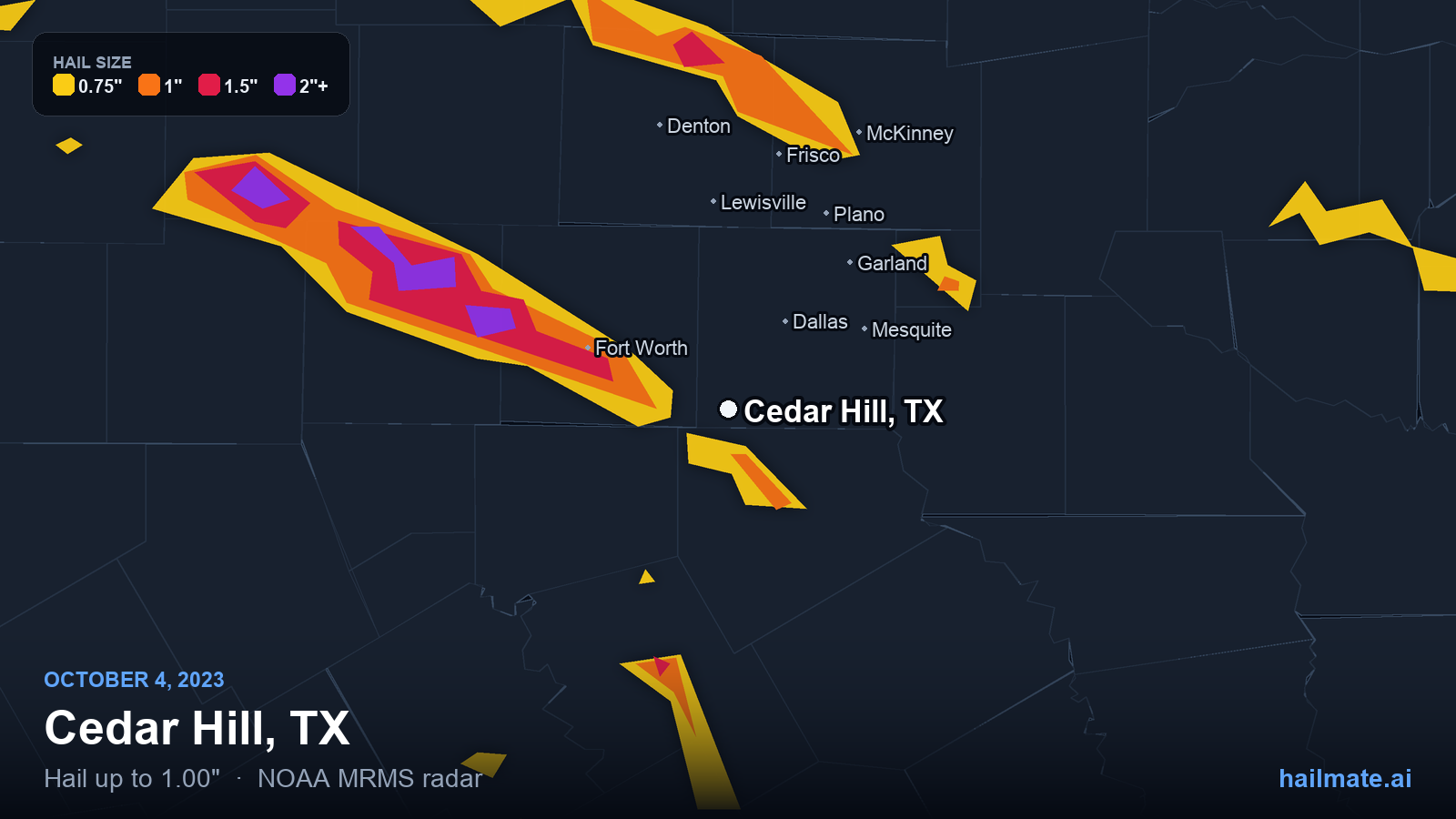 Hail swath map for Cedar Hill, TX on October 4, 2023 showing 1.00 inch hail.