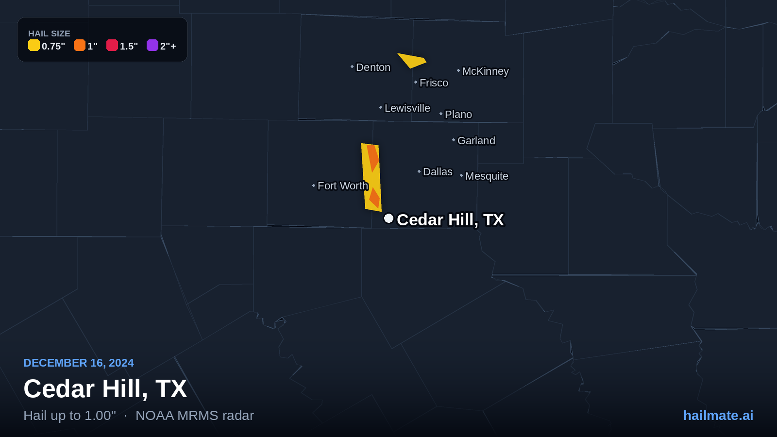 Hail swath map for Cedar Hill, TX on December 16, 2024 showing 1.00 inch hail.
