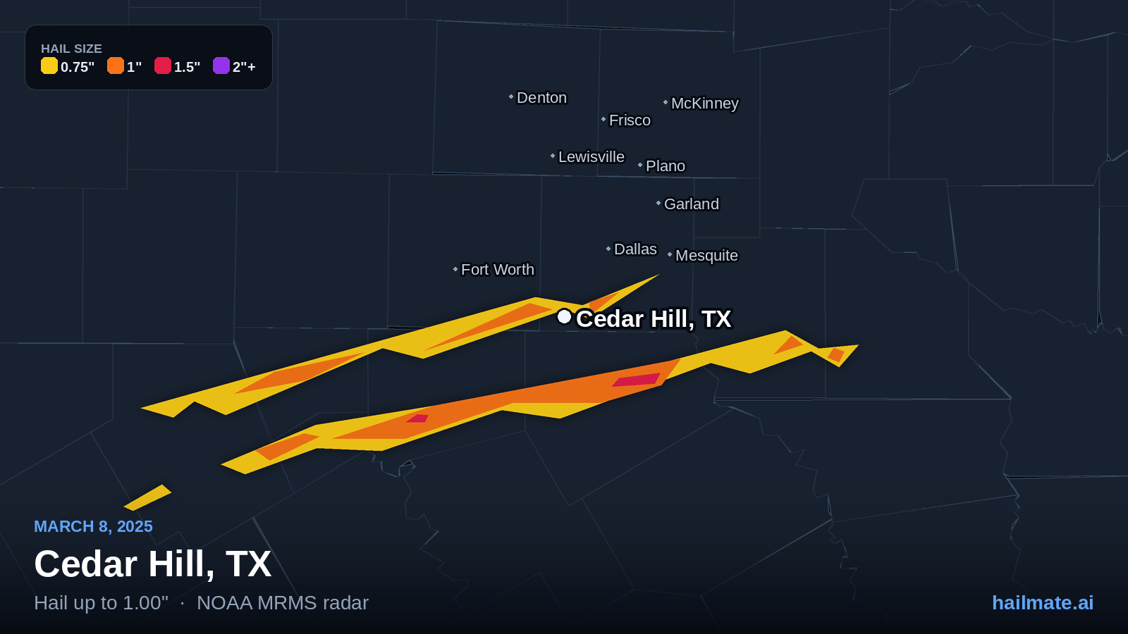 Hail swath map for Cedar Hill, TX on March 8, 2025 showing 1.00 inch hail.
