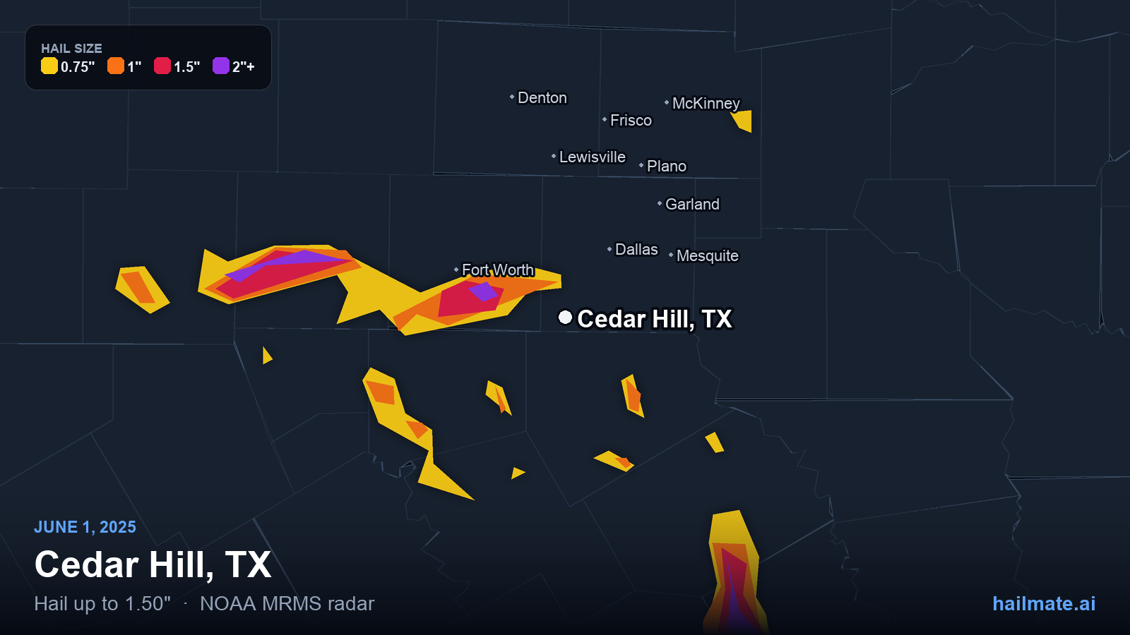 Hail swath map for Cedar Hill, TX on June 1, 2025 showing 1.50 inch hail.