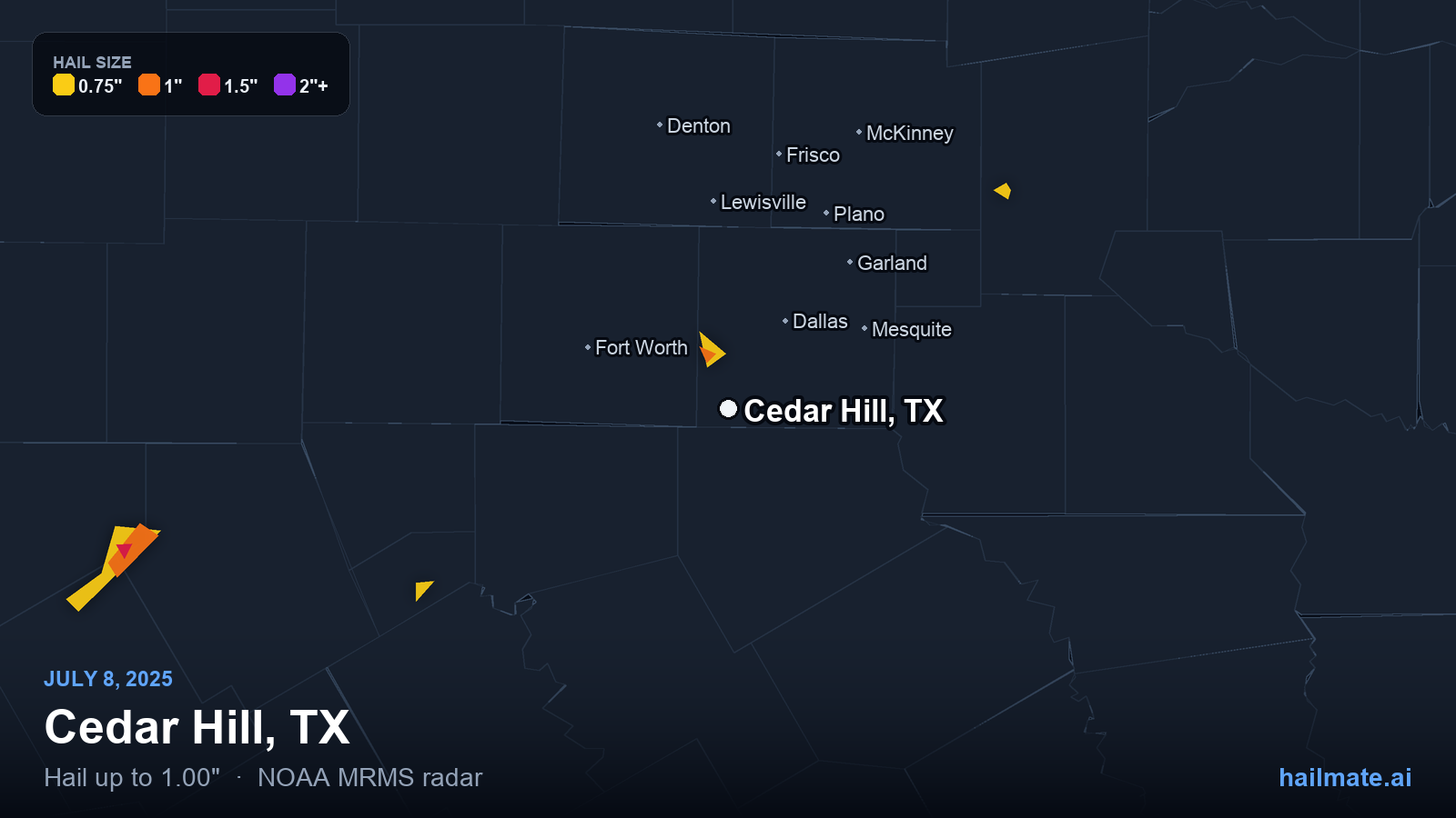 Hail swath map for Cedar Hill, TX on July 8, 2025 showing 1.00 inch hail.