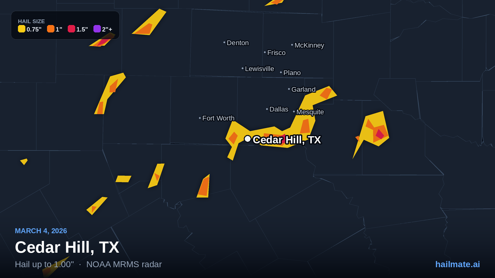 Hail swath map for Cedar Hill, TX on March 4, 2026 showing 1.00 inch hail.