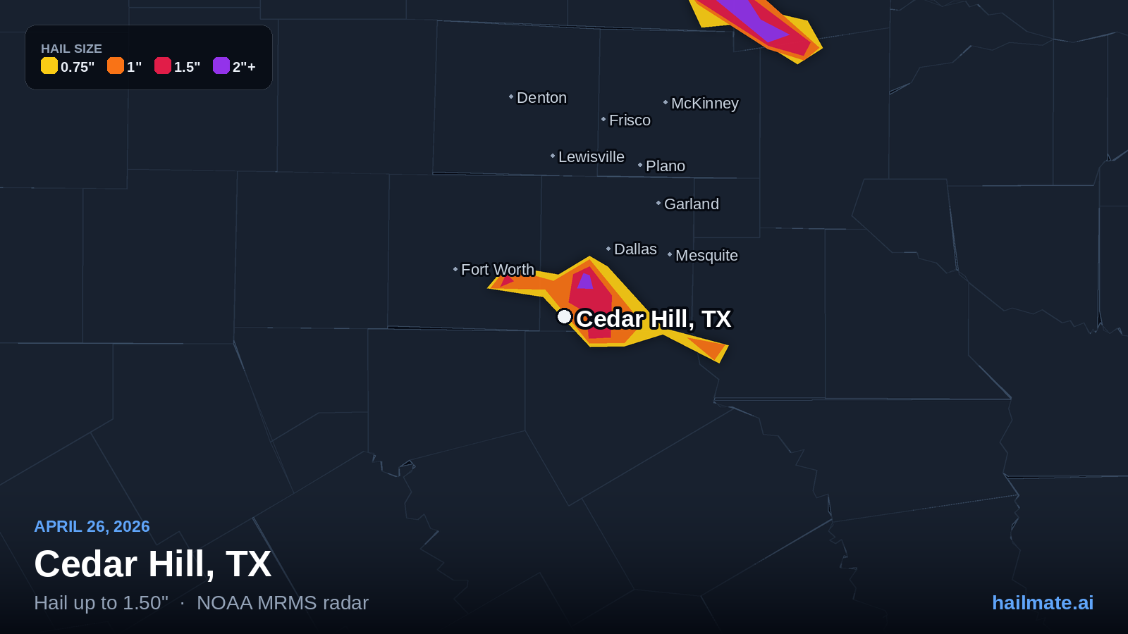 Hail swath map for Cedar Hill, TX on April 26, 2026 showing 1.50 inch hail.