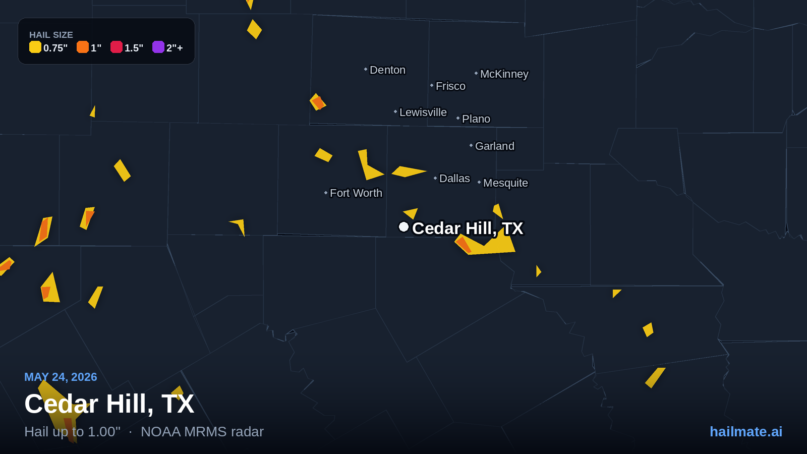 Hail swath map for Cedar Hill, TX on May 24, 2026 showing 1.00 inch hail.