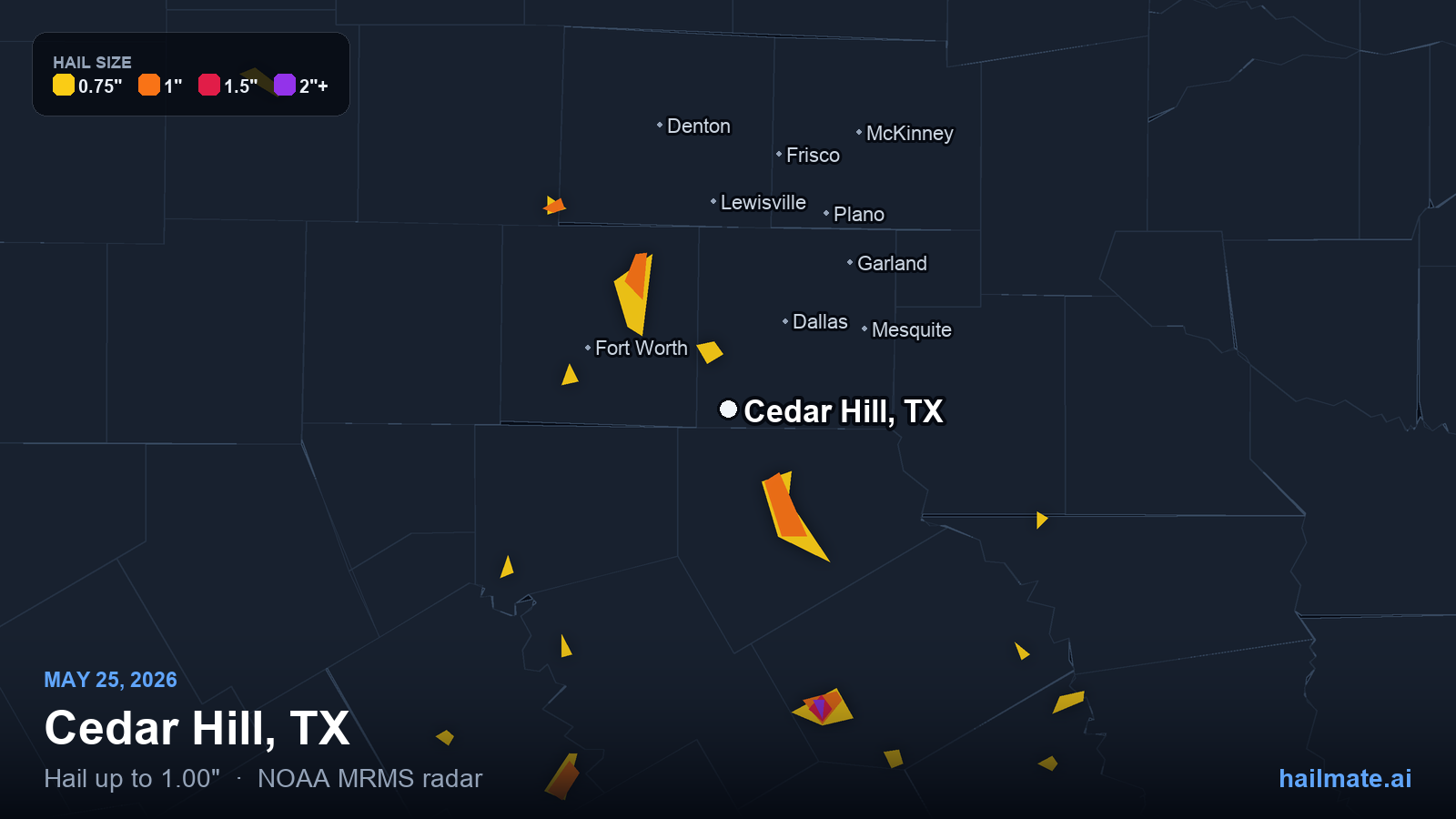 Hail swath map for Cedar Hill, TX on May 25, 2026 showing 1.00 inch hail.