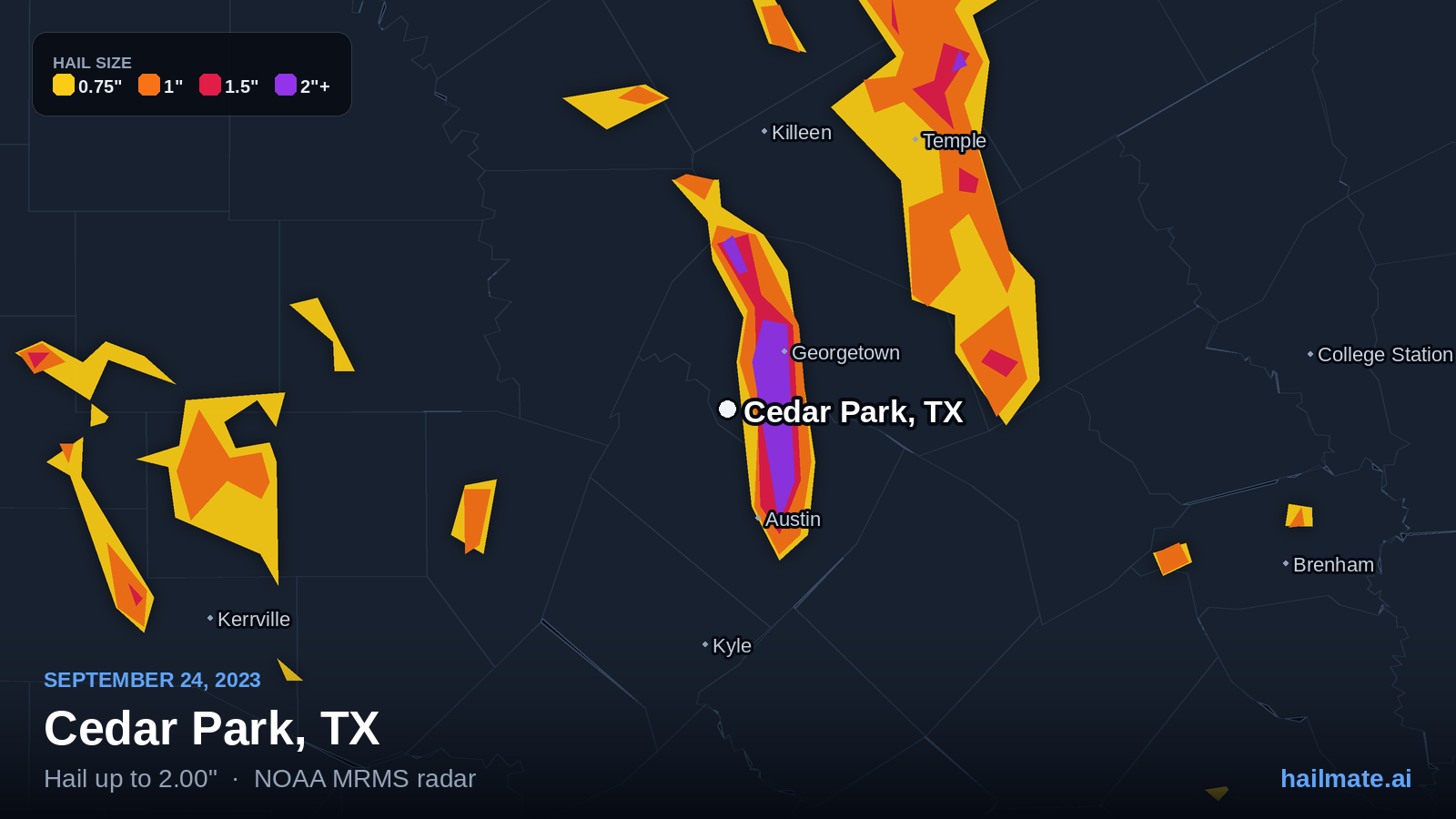 Hail swath map for Cedar Park, TX on September 24, 2023 showing 2.00 inch hail.