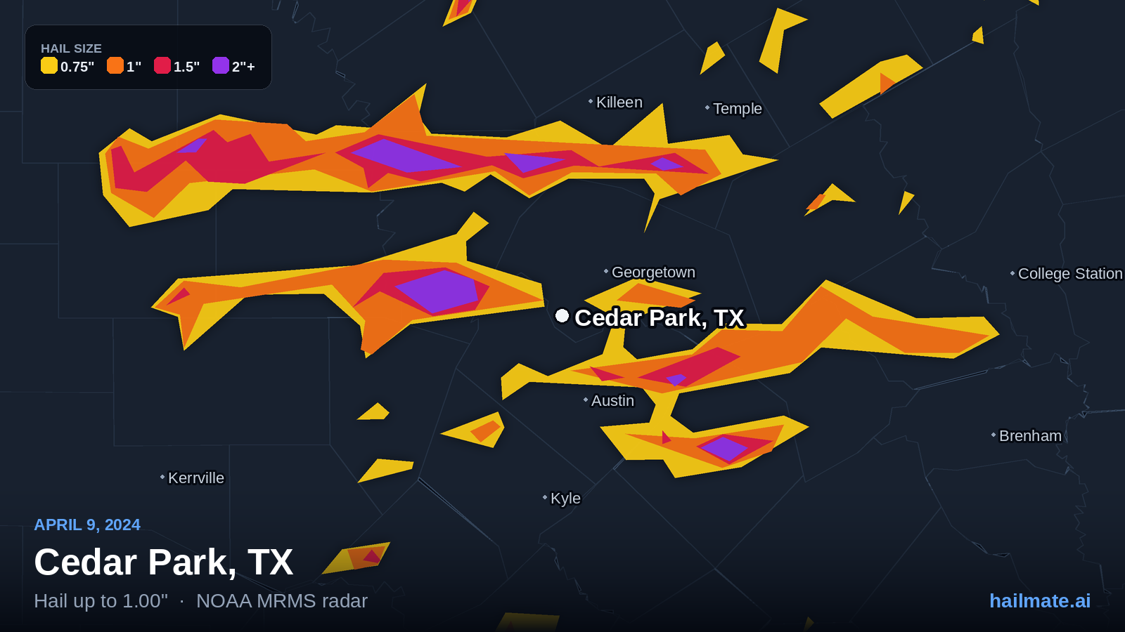 Hail swath map for Cedar Park, TX on April 9, 2024 showing 1.00 inch hail.