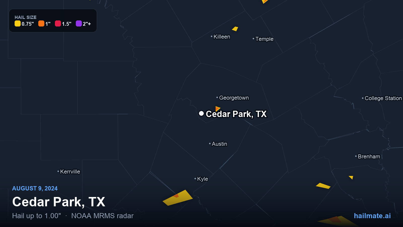 Hail swath map for Cedar Park, TX on August 9, 2024 showing 1.00 inch hail.