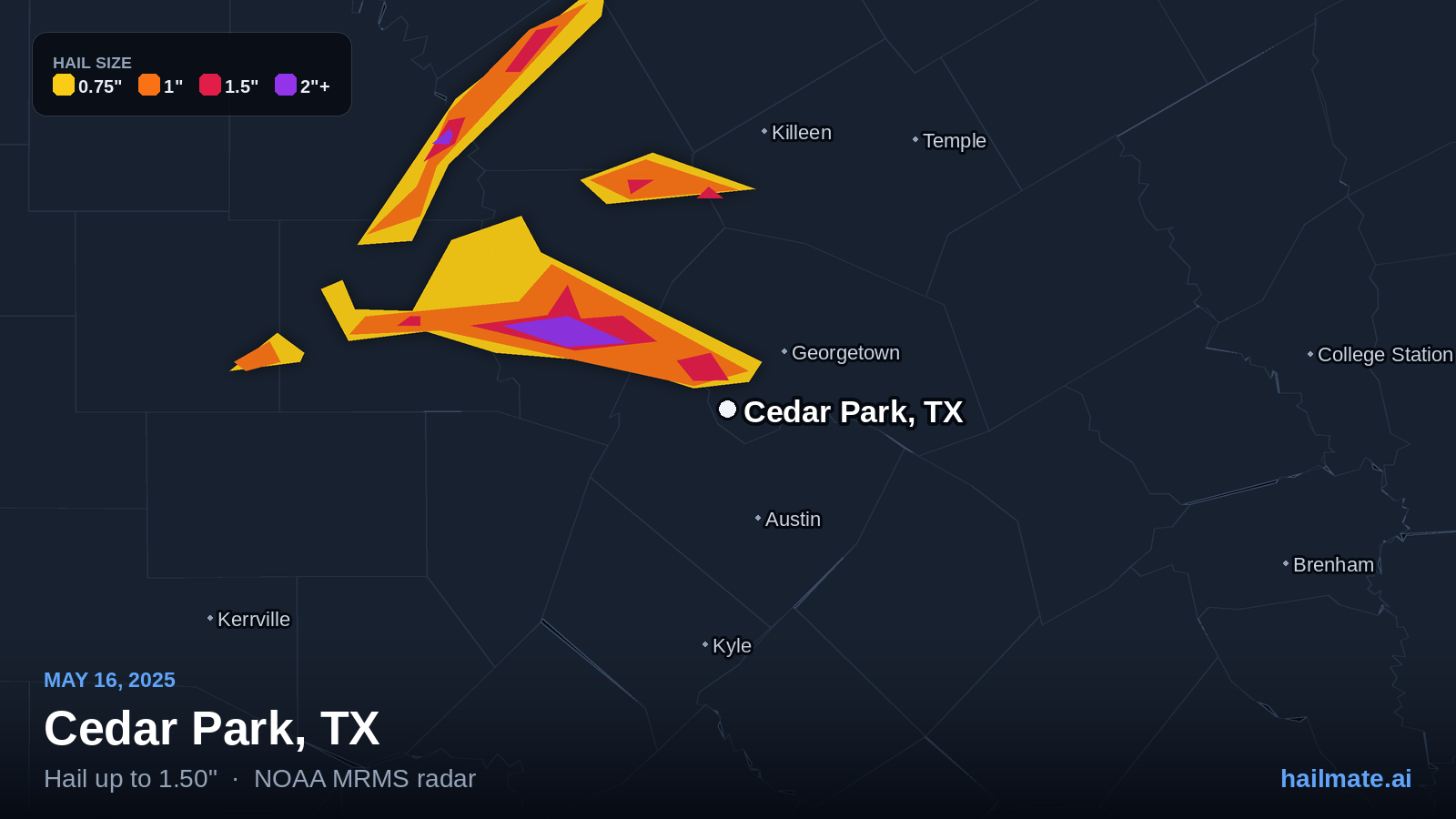 Hail swath map for Cedar Park, TX on May 16, 2025 showing 1.50 inch hail.