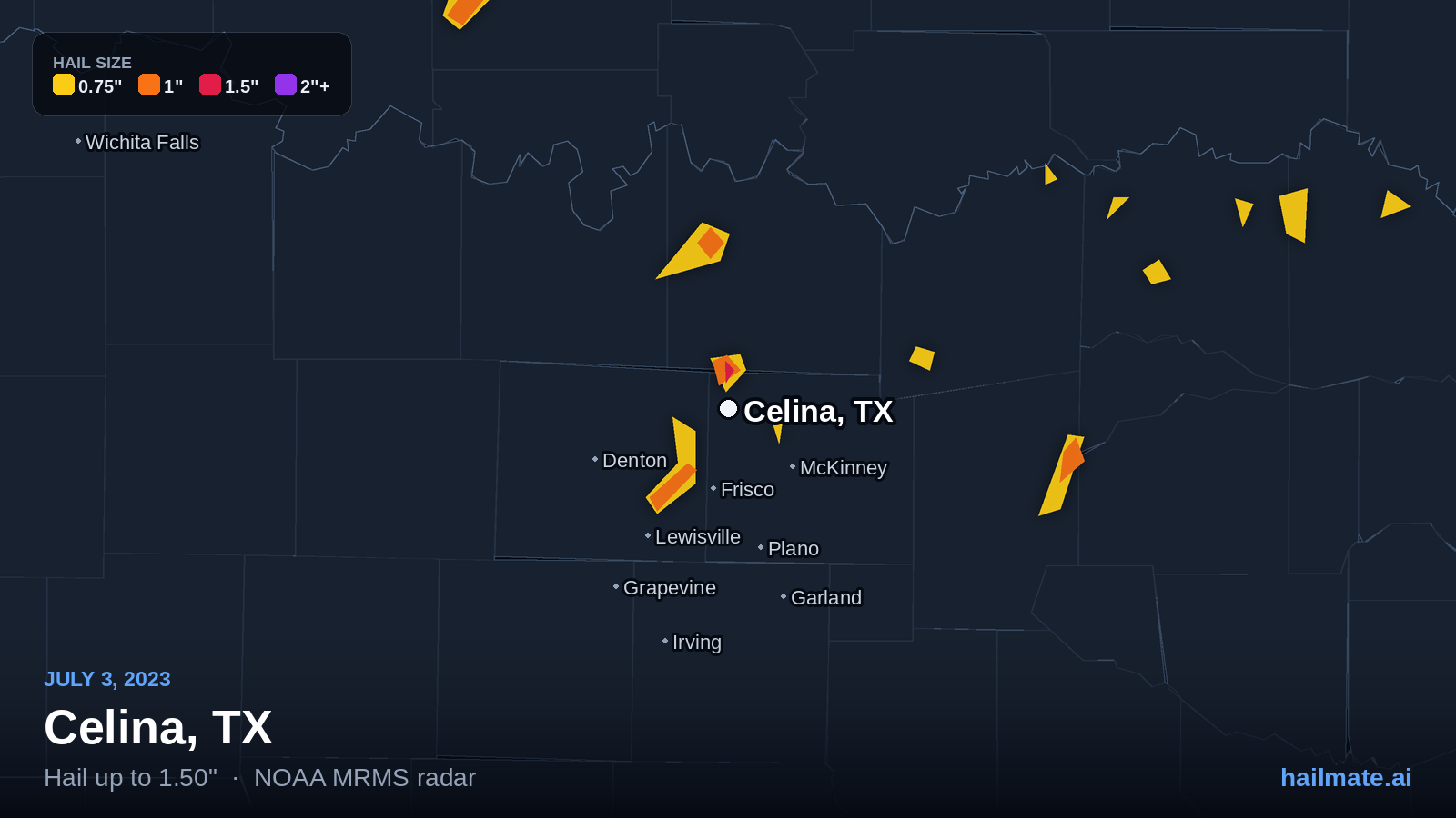 Hail swath map for Celina, TX on July 3, 2023 showing 1.50 inch hail.