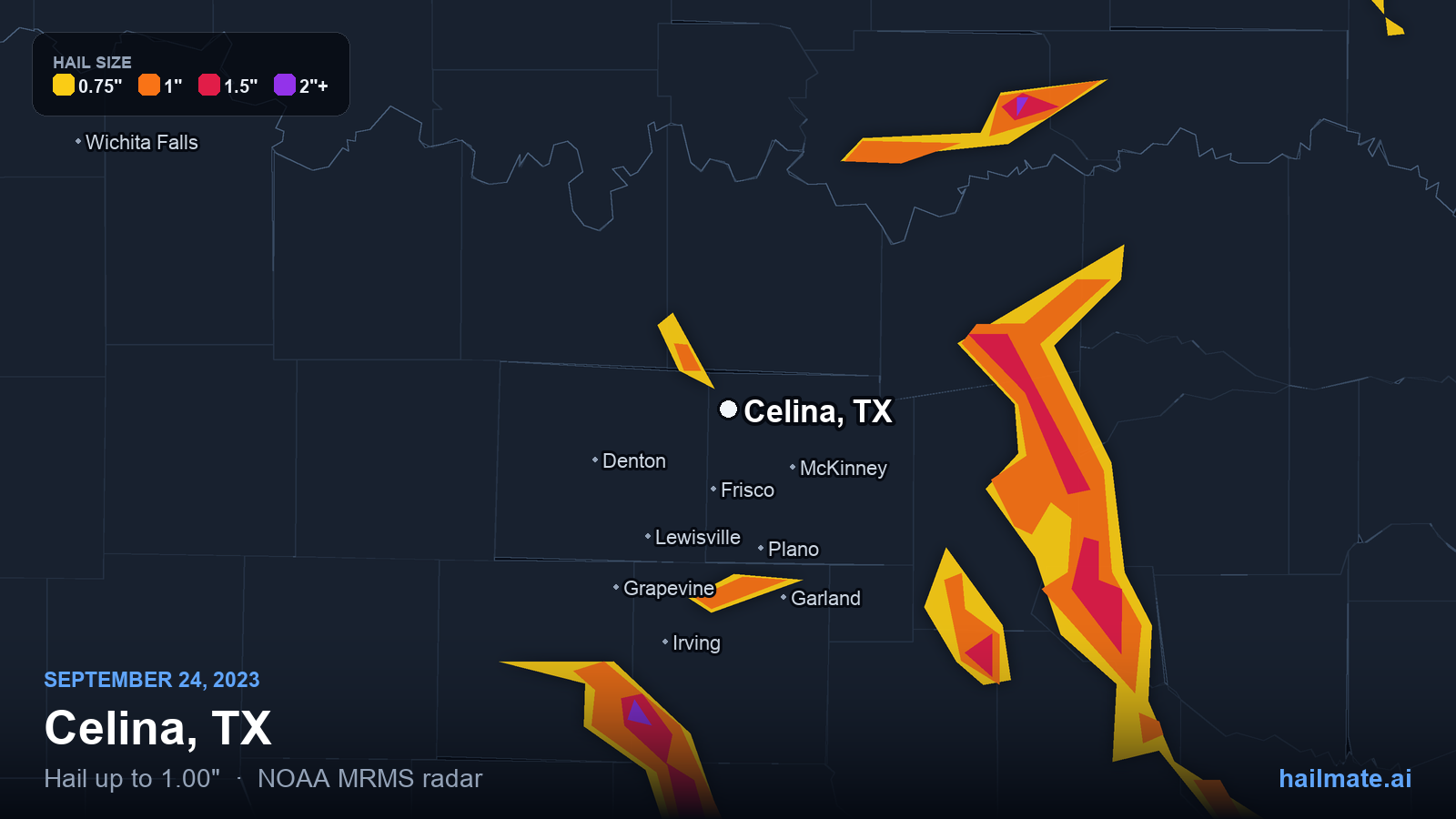 Hail swath map for Celina, TX on September 24, 2023 showing 1.00 inch hail.