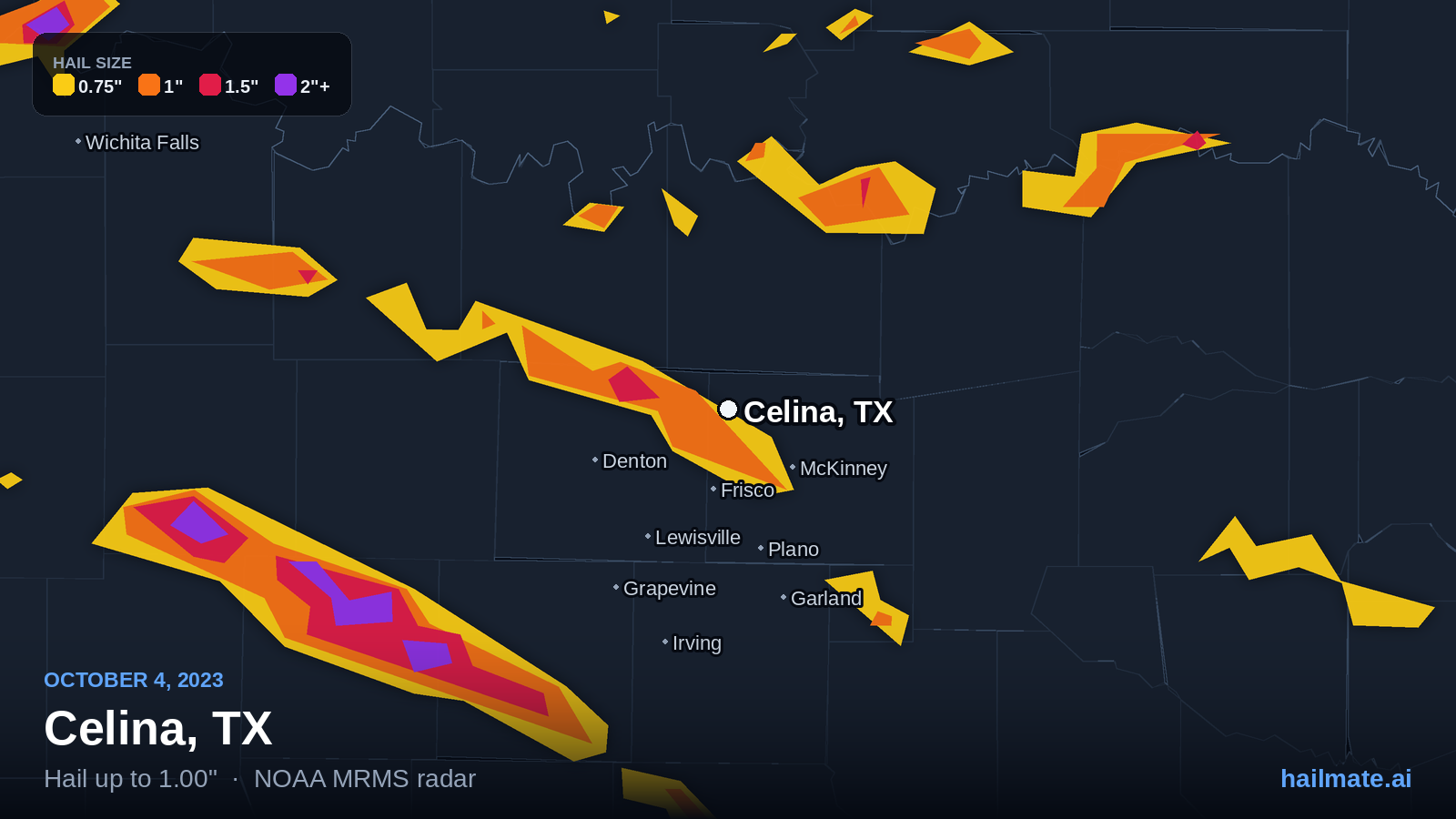 Hail swath map for Celina, TX on October 4, 2023 showing 1.00 inch hail.