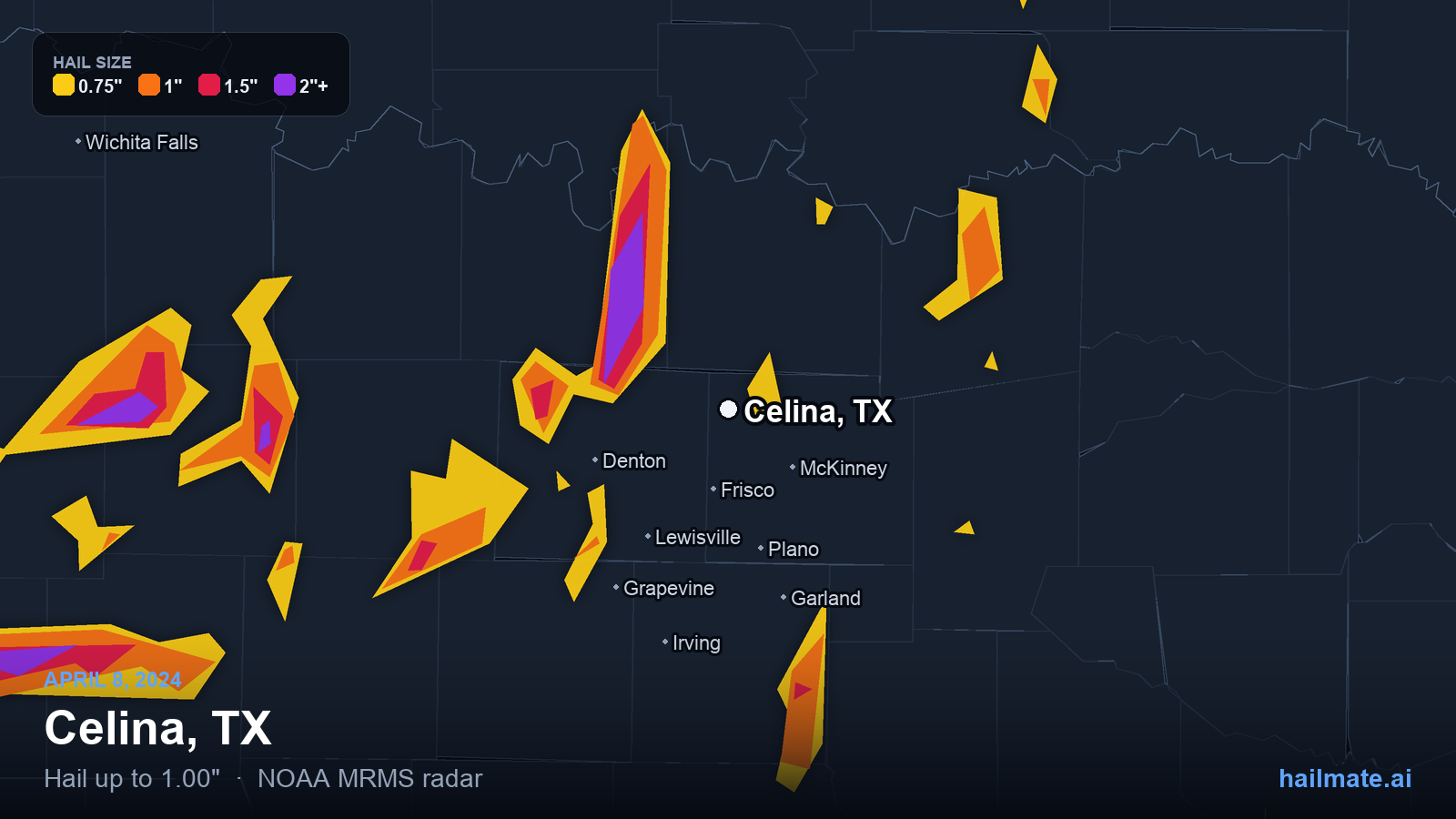 Hail swath map for Celina, TX on April 8, 2024 showing 1.00 inch hail.