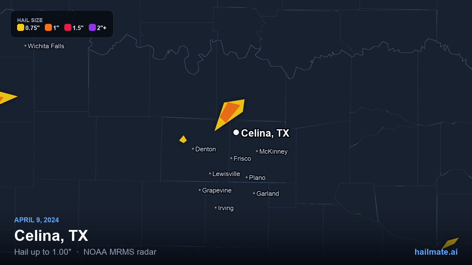 Hail swath map for Celina, TX on April 9, 2024 showing 1.00 inch hail.