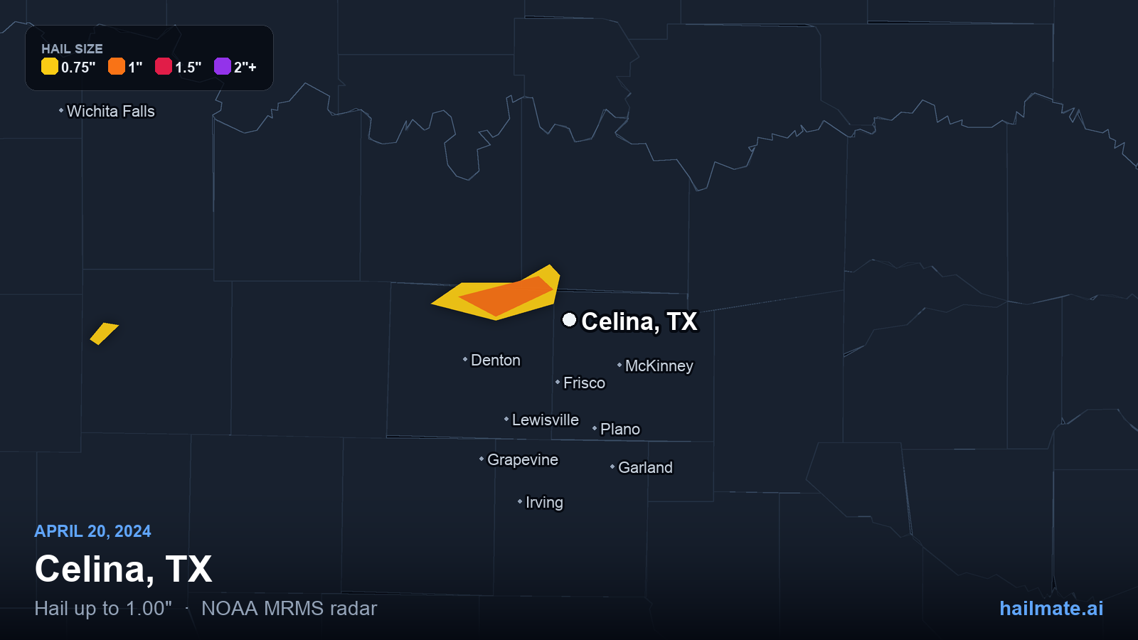 Hail swath map for Celina, TX on April 20, 2024 showing 1.00 inch hail.