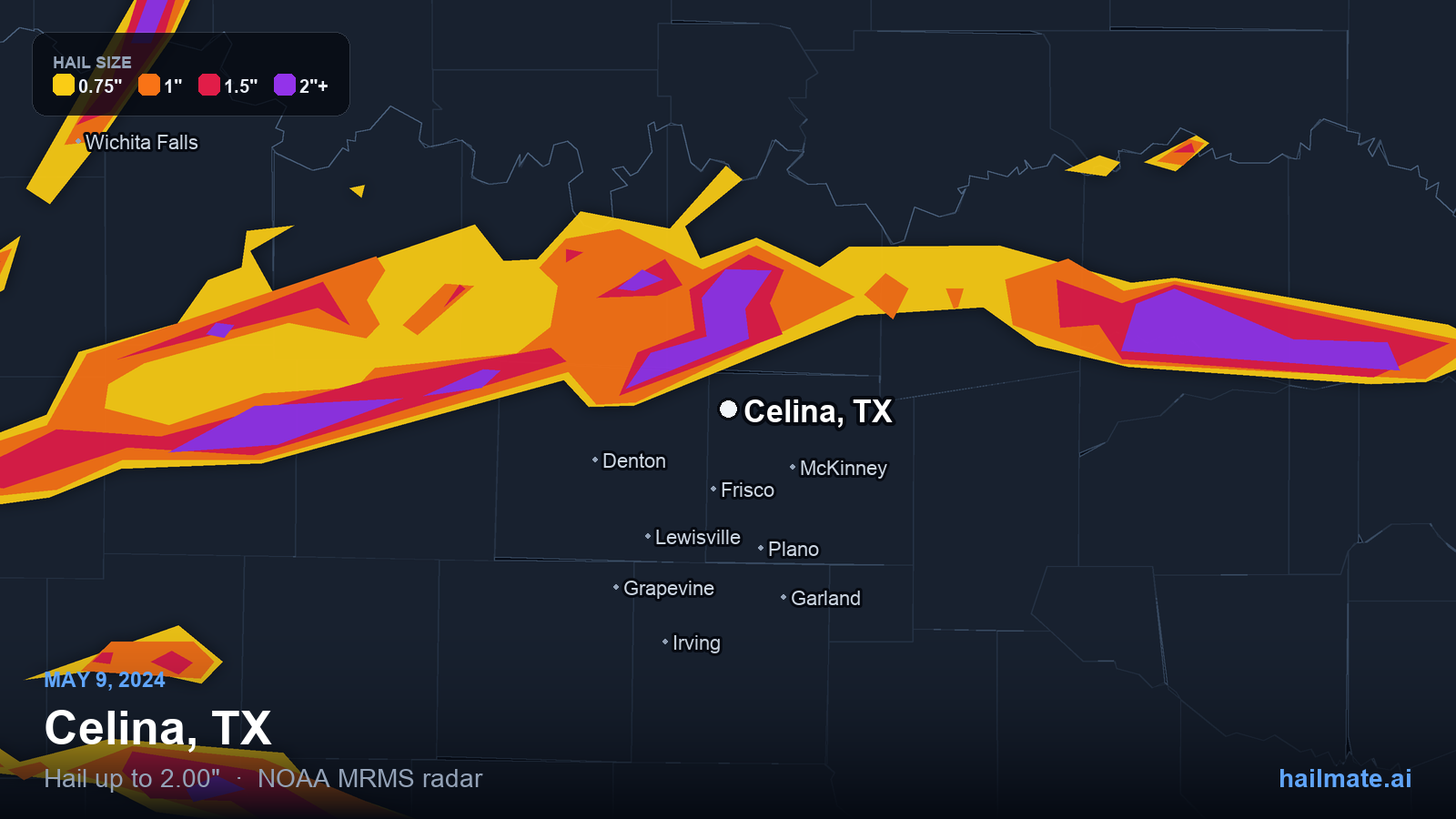 Hail swath map for Celina, TX on May 9, 2024 showing 2.00 inch hail.