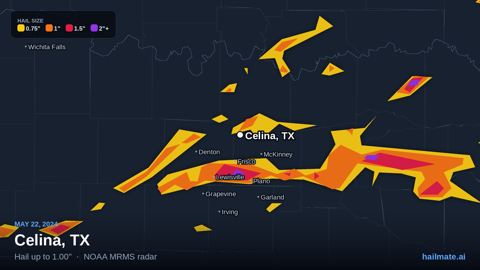 Hail swath map for Celina, TX on May 22, 2024 showing 1.00 inch hail.